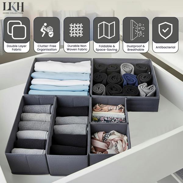 LKH HOME COLLECTION LKH Clothes Drawer Organiser Set of 6 - Non-Woven Foldable Wardrobe Storage Boxes for Clothes, Underwear, Bras & Accessories
