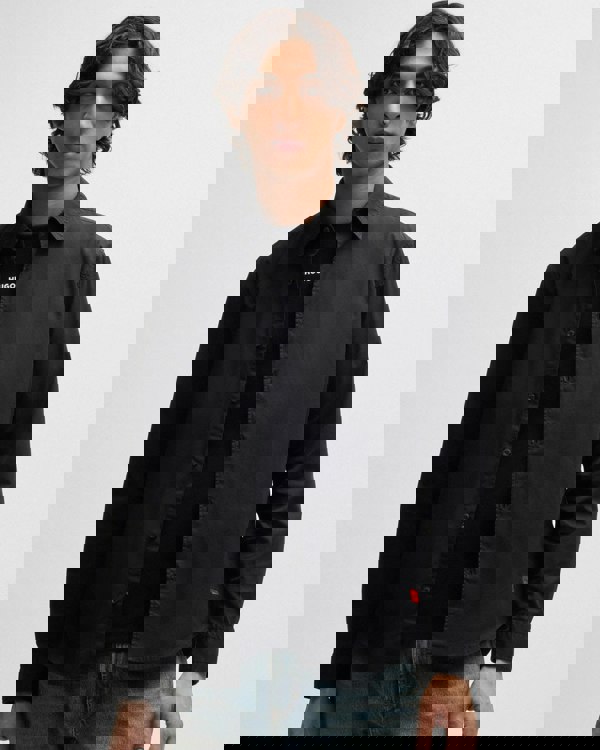 HUGO Ermo Mens Slim-Fit Shirt in Stretch-Cotton Canvas  - Black 001 - CHO - Designer Mens Shirts