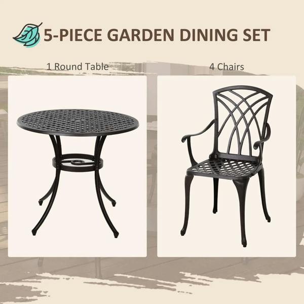 Round outdoor dining table and four armchairs in brown cast aluminum