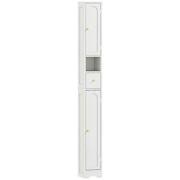 Tall white bathroom cabinet with arched panel doors and two interior shelves