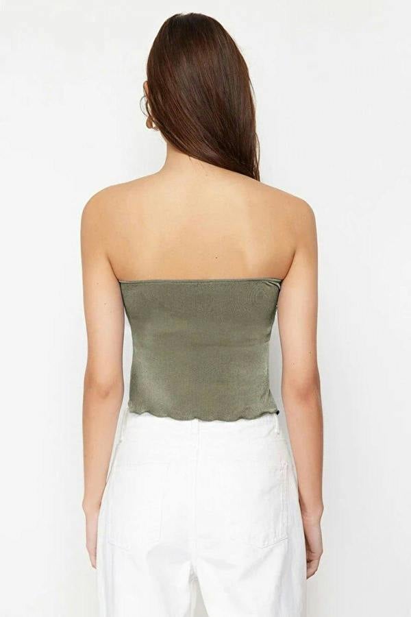 WOVCOR Heart Neck Gathered Stretch Knit Crop Blouse