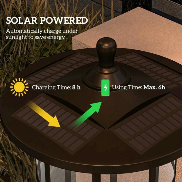 Black solar lamp post with round lantern top and integrated solar panel