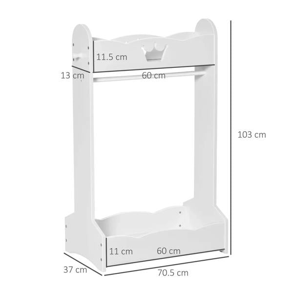 White kids clothing rack with measurements shown; hanging rail, crown top, bottom storage shelf