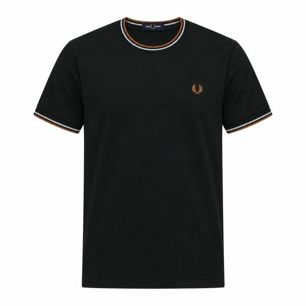 Fred Perry black cotton t-shirt with twin tipped collar and cuffs in night green, dusky blue, and dark caramel.