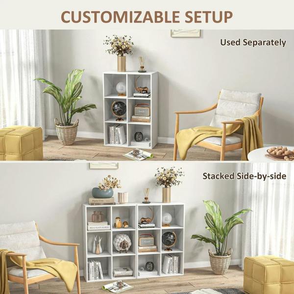 Stacked white 6-cube bookshelf setup with open cubbies for organized storage