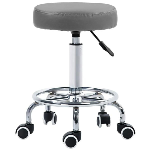 Grey PU rolling stool with round padded seat, height-adjustable chrome base and casters