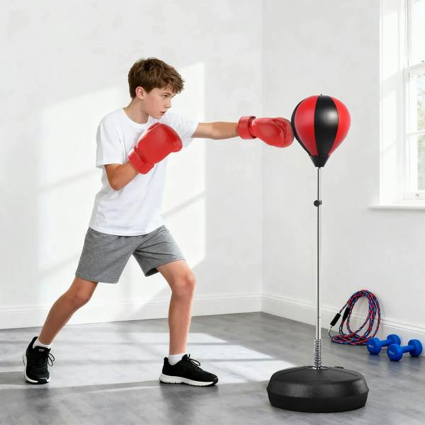 Free-standing punching ball on adjustable stand with red boxing gloves and base
