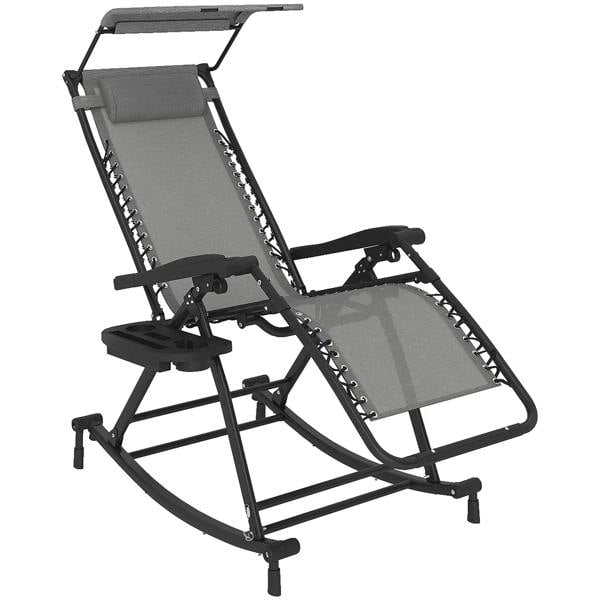 Grey folding outdoor rocking recliner chair with headrest and adjustable backrest