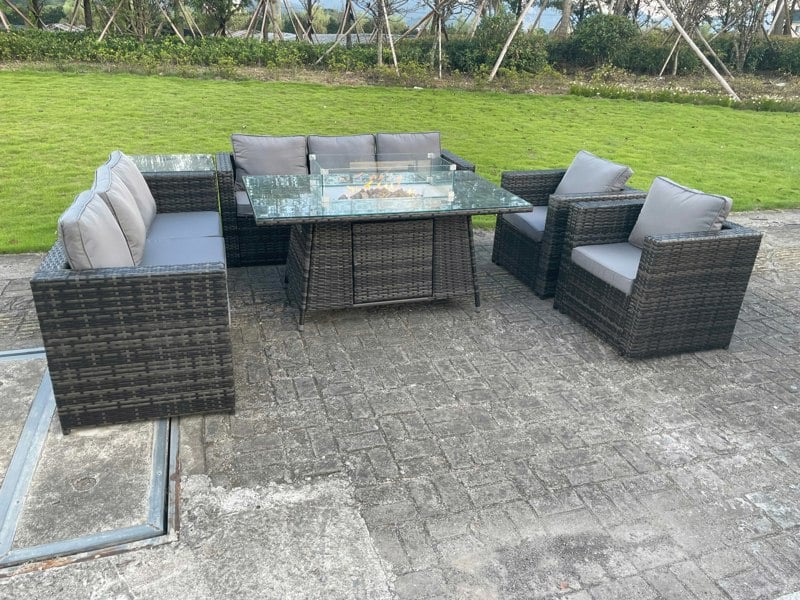 Fimous 8 Seater Outdoor Rattan Garden Furniture Gas Fire Pit Table Sets Gas Heater Lounge Chairs Side Coffee Tea Table Dark Grey