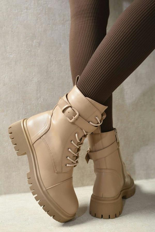 Ariella Lace Up Buckle Chunky Combat Boots - Nude