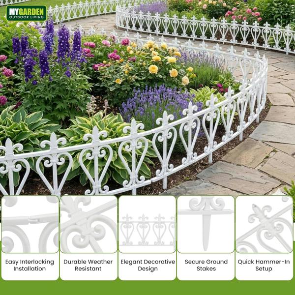 My Garden Outdoor Living Garden Fence Panels 4 Pack-2.4M Decorative Edging Panel-Secure Ground Stakes-Inter-Locking Fence Edging, Easy Hammer-In Setup