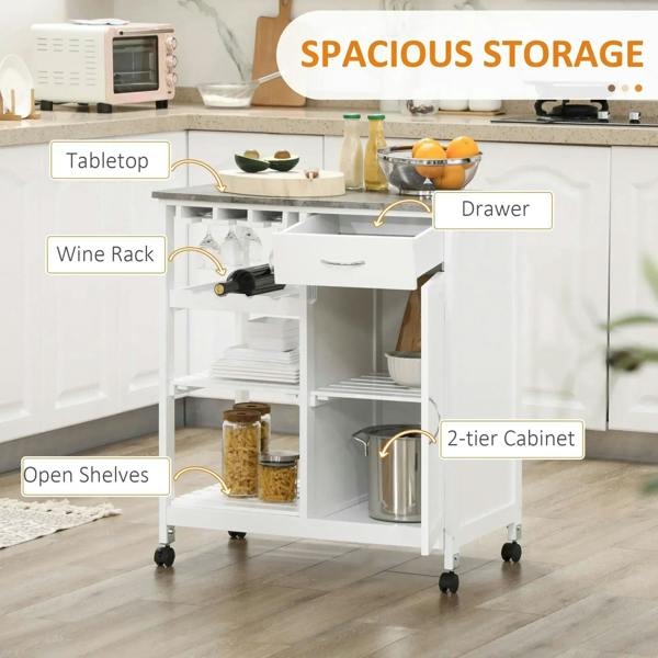 White kitchen trolley with wine rack, drawer, open shelves, and two-tier cabinet storage