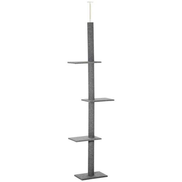 Grey carpet cat tree tower with three circular platforms and vertical scratching post