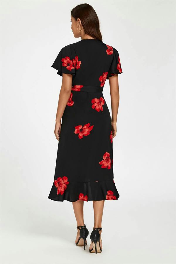 FS Collection Floral Print Angel Sleeve Wrap Dress In Black