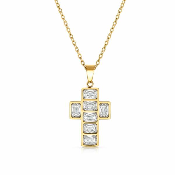 Say It With Emerald Cut Cross Necklace - Yellow Gold