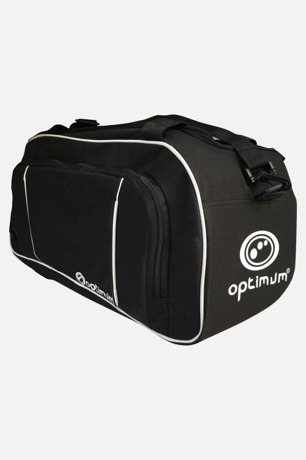 Black Optimum holdall duffel bag with white piping, logo, zip pocket and carry handles, on white - Optimum
