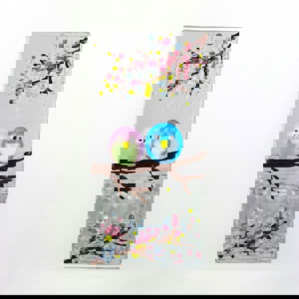 Handmade Fused Glass - Tea Light Holder - Love Birds - Spring Blossom