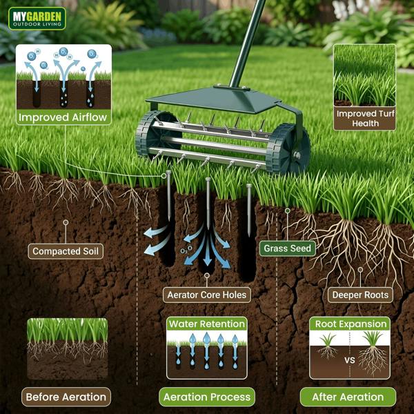 My Garden Outdoor Living My Garden Rolling Lawn Aerator with Handle 1.22M - Grass Spike Aerator Roller Steel Lawn Aerating Tool for Soil Aeration