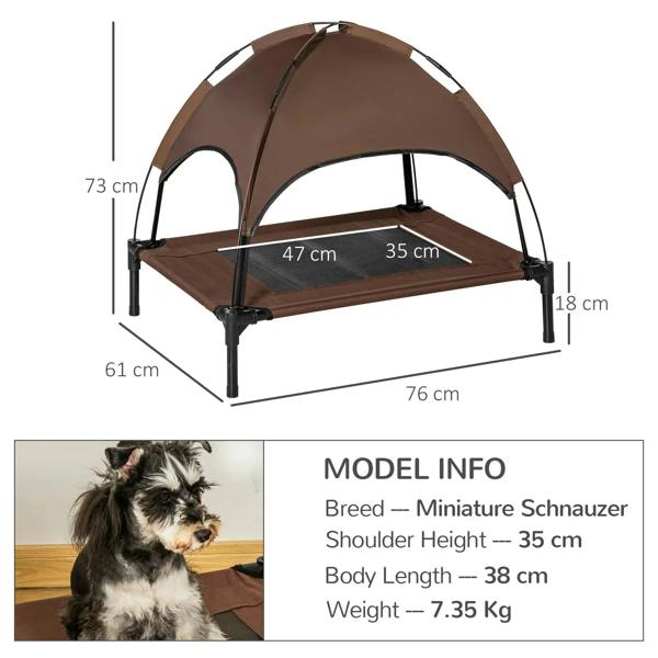 Brown elevated pet cot with canopy and black legs, shown with product dimensions