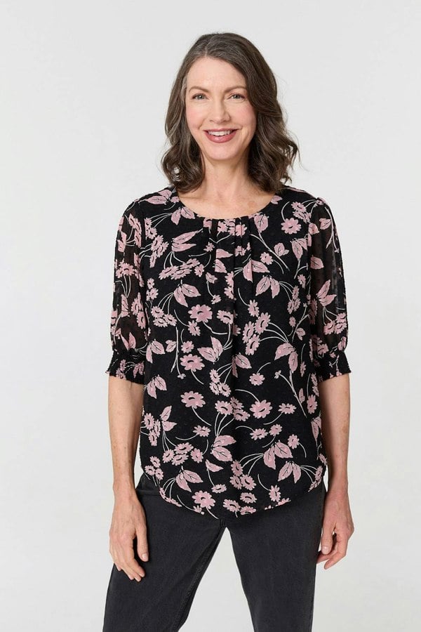 Black | Floral Relaxed 1/2 Puff Sleeve Blouse
