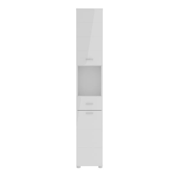 Furniture To Go Ice Cave Narrow Bathroom Storage Cabinet with 2 Doors & 1 Drawer with Silver Handles in White with White High Gloss Fronts