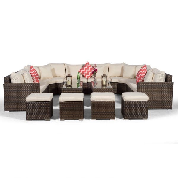 Giardino Santorini U Shape Modular 8 Seat Rattan Sofa Set With 2 Large Coffee Tables & 4 Stools