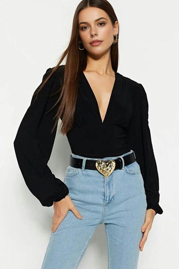 WOVCOR Balloon Sleeve V-Neck Fitted Flexible Knit Bodysuit