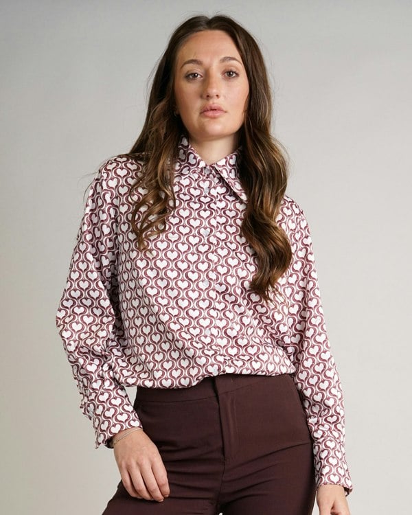 Antonia York Brown & White Hearts Print Shirt | Elisha Classically Cut Shirt with Deep Cuffs