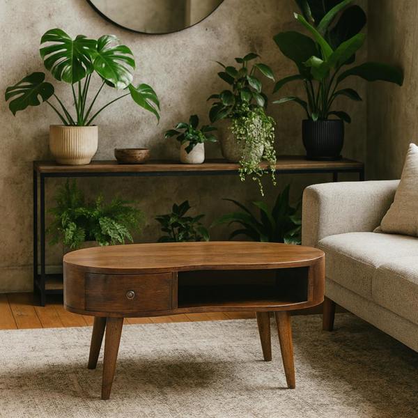 Wyld Haus Parma Chestnut Mango Wood Wave Coffee Table with Drawer and Open Shelf