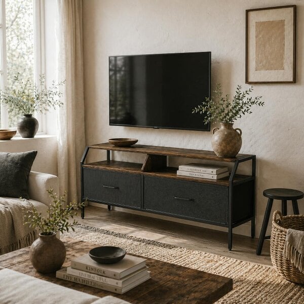 Wyld Haus Avamira Small 98cm Black and Brown TV Stand With Foldable Drawers for TV's up to 55 Inches