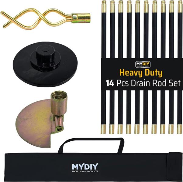 MY DIY PROFESSIONAL PRODUCTS MY DIY 31ft Drain Rod Set 14Pcs Includes Easy Carry Storage Bag Plunger Double Worm Screw & Connectors & Drain Unblocker