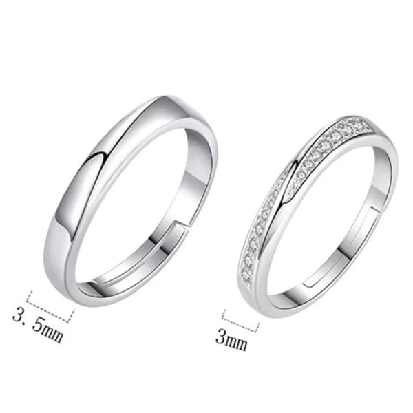 The Colourful Aura Adjustable Silver Plain Couple Promise Band Zircon Ring Set