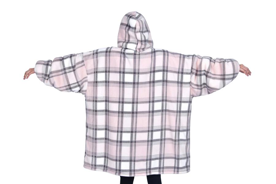 Smart Living Ladies Check Plush Teddy Blanket Hoodie - Pink