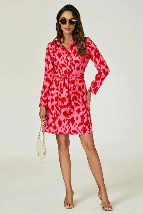 FS Collection Abstract Print Shirt Mini Wrap Dress In Pink
