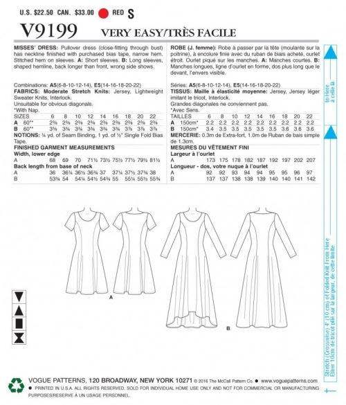 Vogue Sewing Pattern 9199, Dresses for Women, A5 (6-8-10-12-14) - Easy