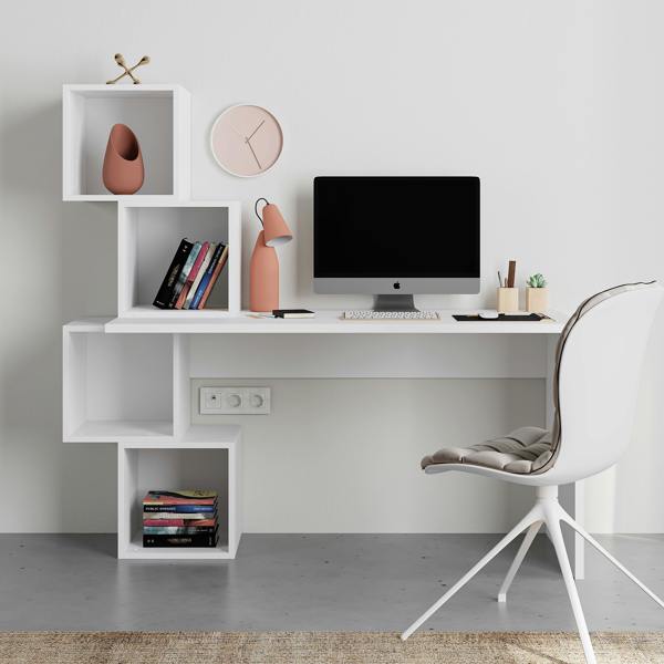 Decortie Balance Desk Modern 4-Tier Open Storage Shelves Engineered Wood 140x153.5x60cm