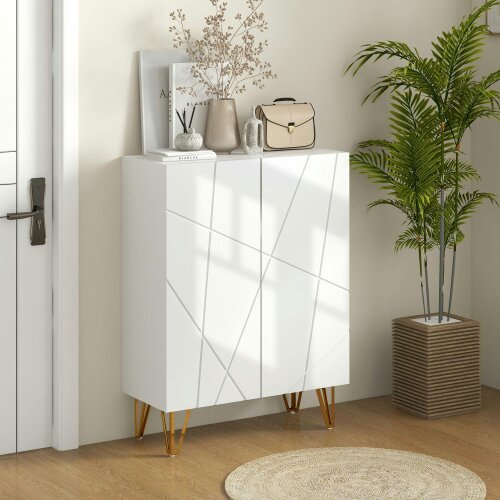 Wyld Haus Monola Wooden White Slim Shoe Cabinet Modern Geometric Pattern For 15 To 20 Pairs