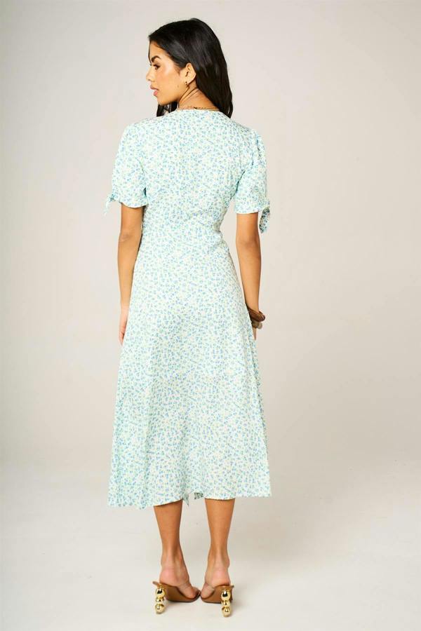FS Collection Green Blue Floral Print Button Front Tie Sleeve Midi Dress In White