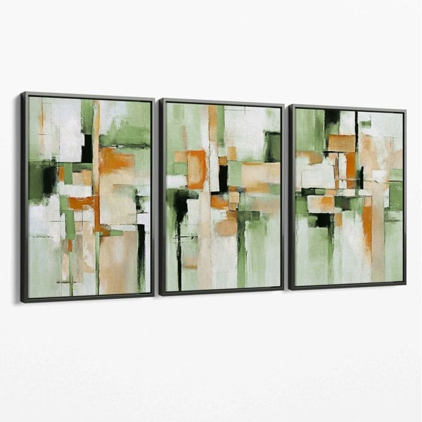 Artze Wall Art Abstract Sage Green and Orange Set of 3 Canvas Wall Art