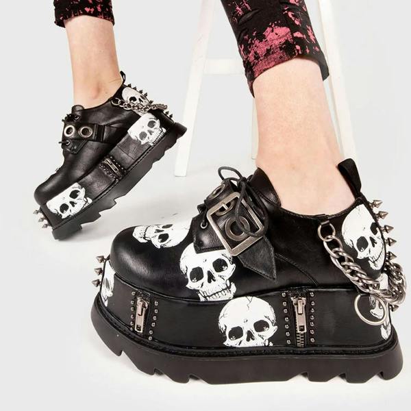Lamoda Maniac Black PU Skull Chunky Platform Wedge Shoes Gothic Punk