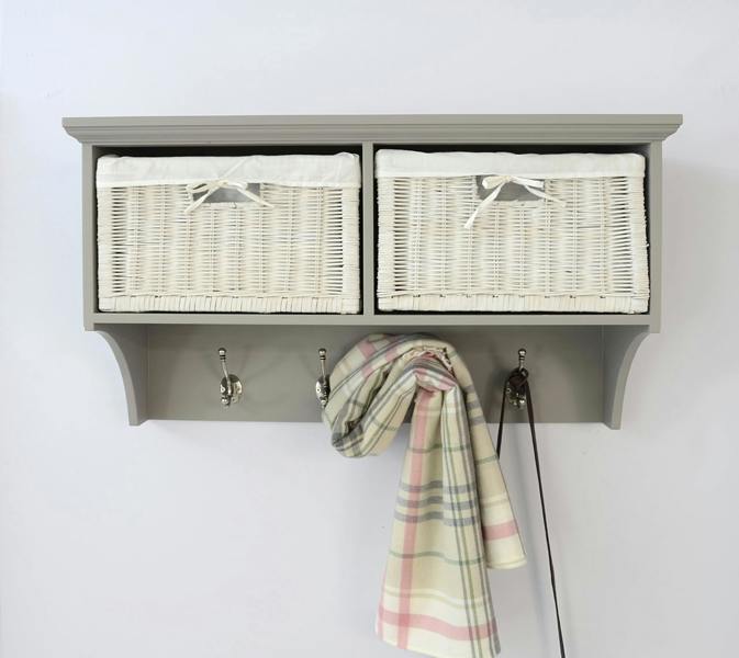 Statement Furniture Tetbury Hanging Shelf with 2 White Wicker Baskets. Wallmounted Coat Rack Assembled