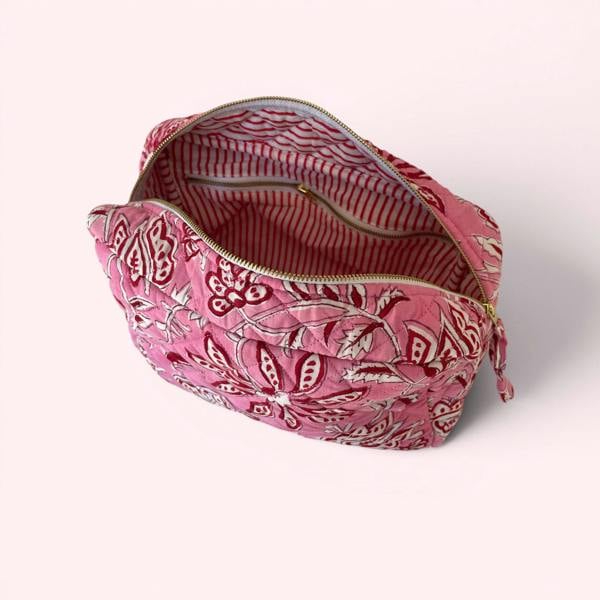 Hayley & Co XL Toiletry Bag - Quilted Cotton Large Wash Bag in Pink and Red Flower Block Print