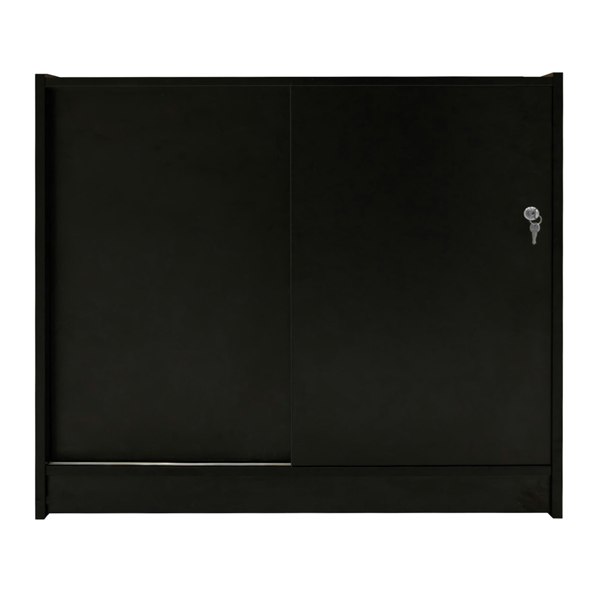 Sleek black LED retail shop counter K1200 with sliding doors and a key lock, designed for modern retail environments
