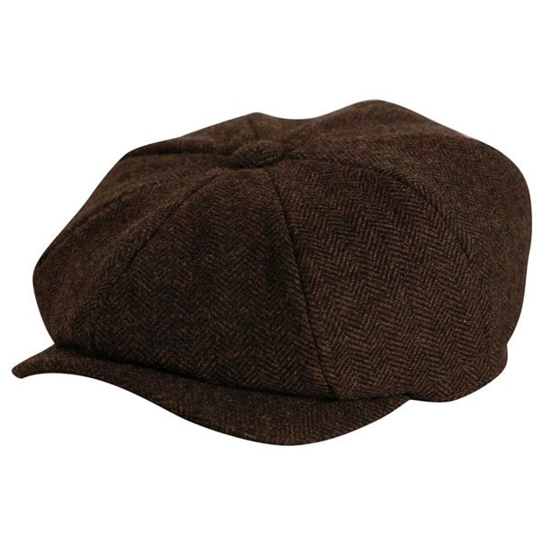 Gamble & Gunn Brown Herringbone Newsboy Button Top Cap