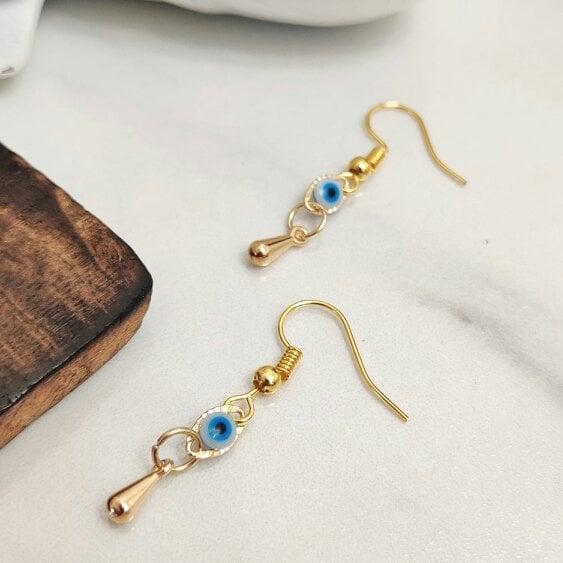 The Colourful Aura Handmade Turkish Evil Eye Protection Gold Plated Charm Dangle Drop Earrings