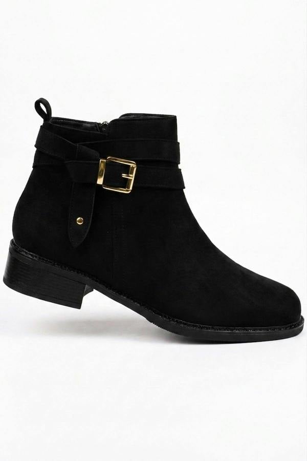 Pearl Faux Suede Wrap Strap Ankle Boots - Black