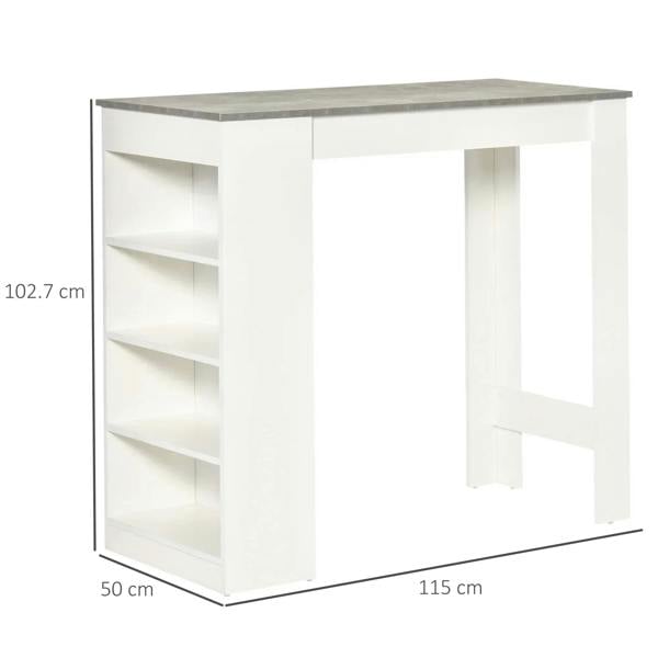 Grey-top bar table with white frame, open 4-tier shelving, and support legs