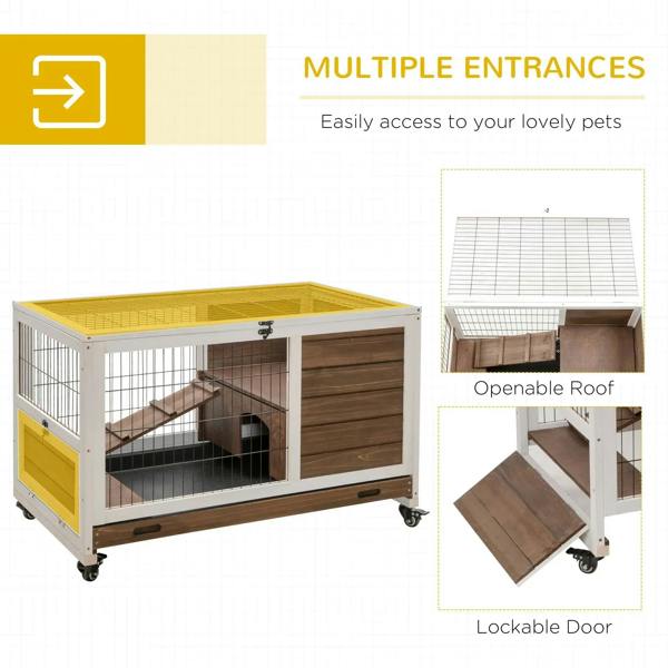 Brown wooden rabbit hutch with openable roof panel and lockable front door