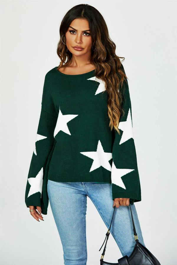 FS Collection Wide Sleeve Oversize Dark Green Jumper With White Star