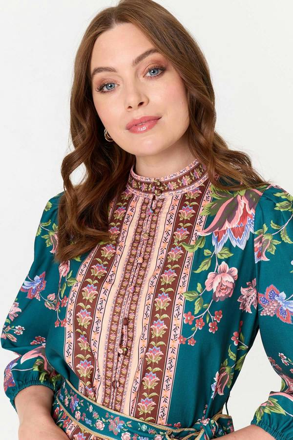 Green | Floral Border Print Short Shirt Dress